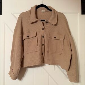 POL oversized Waffle Knit Cropped Shacket Jacket Beige Medium